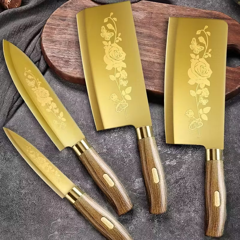 Golden Stainless Steel Kitchen Knife Set – Elegant Wood Handle & Premium Blades