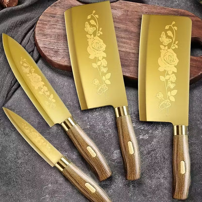 Golden Stainless Steel Kitchen Knife Set – Elegant Wood Handle & Premium Blades