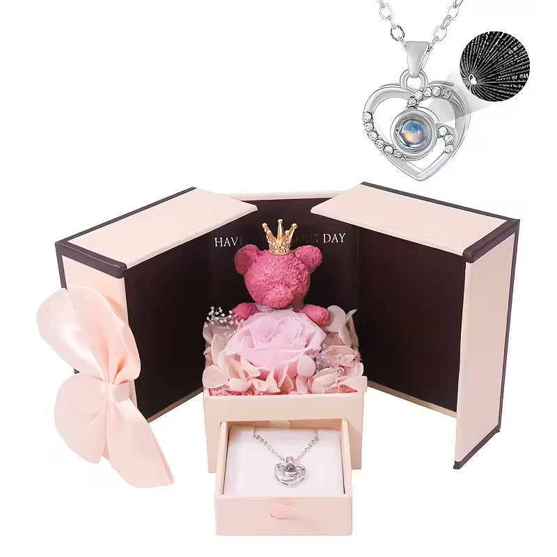 Rose Bear Gift Box with 'I Love You' Projection Pendant Necklace – Elegant Gift for Her