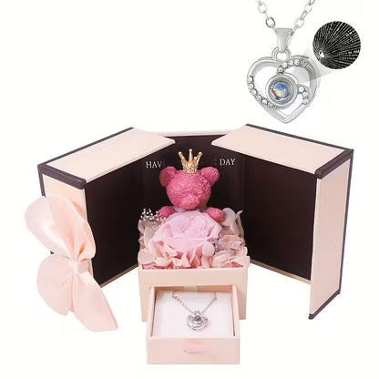 Rose Bear Gift Box with 'I Love You' Projection Pendant Necklace – Elegant Gift for Her