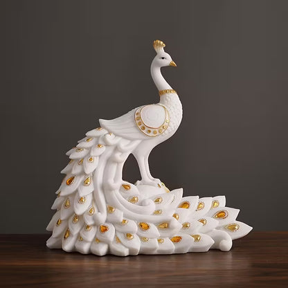 Modern White Peacock Figurine – Hand-Painted Resin Wedding & Holiday Decor