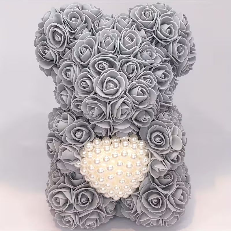 Artificial Rose Flower Bear – Pearl Heart Eternal Rose Gift (No Box)