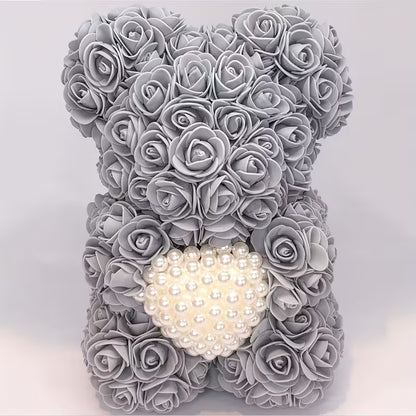 Artificial Rose Flower Bear – Pearl Heart Eternal Rose Gift (No Box)