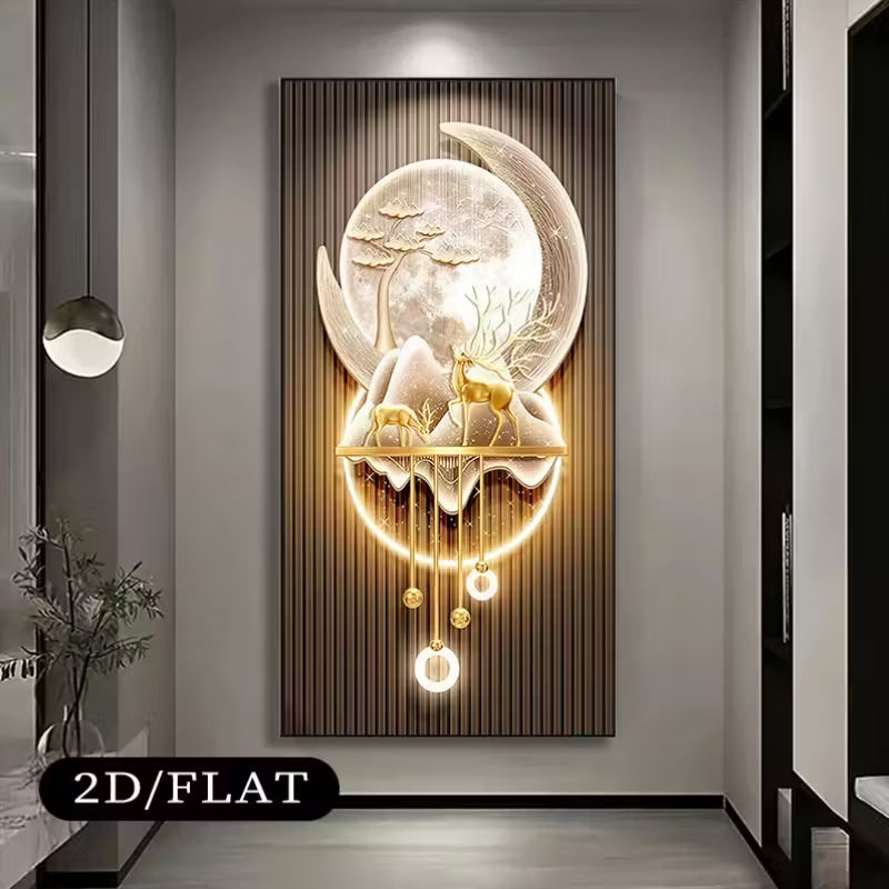 Modern Moonlit Landscape Wall Mural with Gold Accents