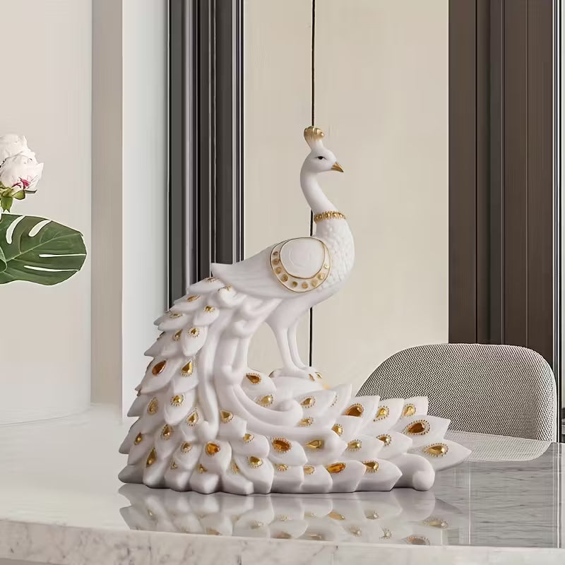 Modern White Peacock Figurine – Hand-Painted Resin Wedding & Holiday Decor