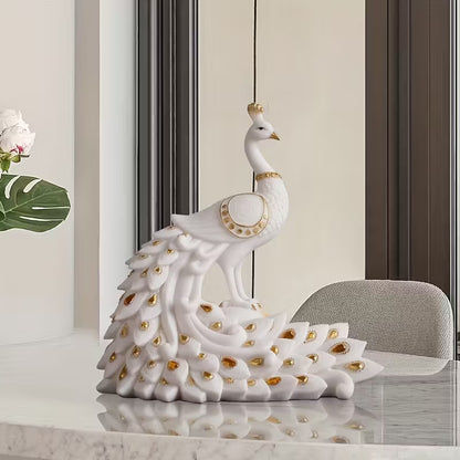 Modern White Peacock Figurine – Hand-Painted Resin Wedding & Holiday Decor