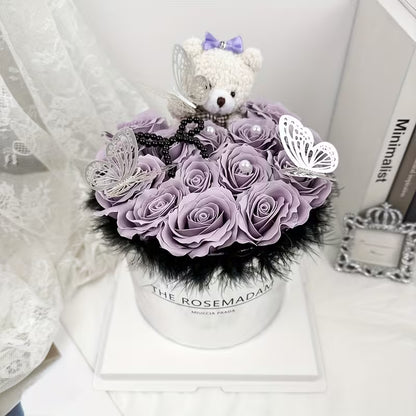 Artificial Rose in Cake-Shaped Vase with Butterfly Accent – Elegant Faux Flower Centerpiece