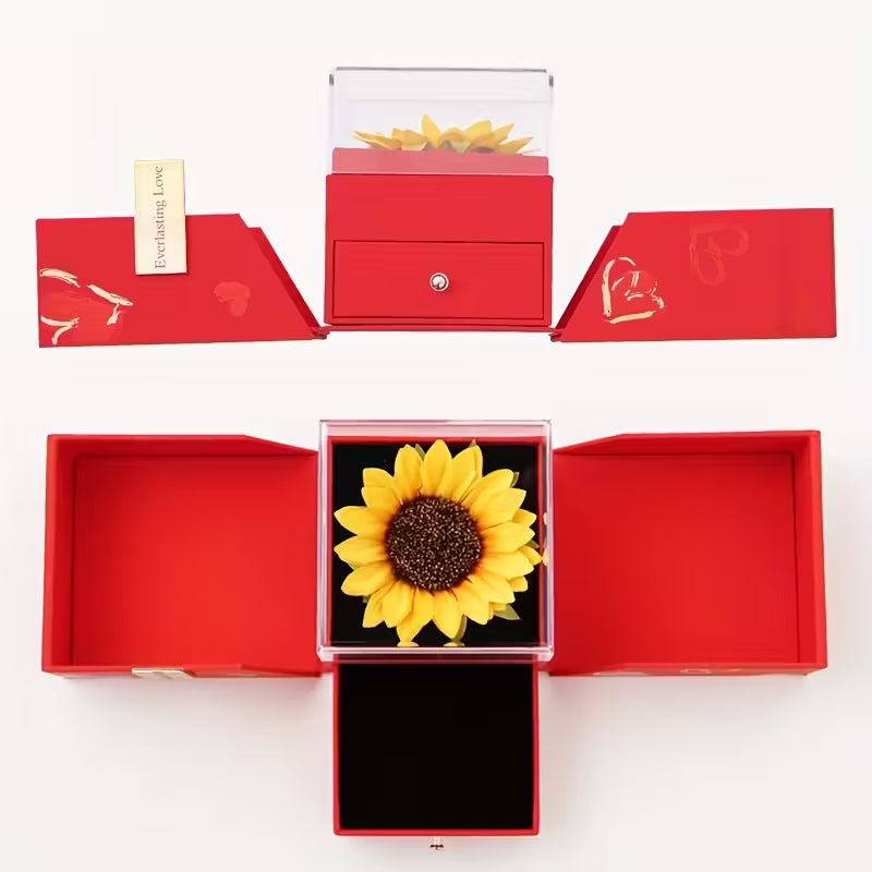 Red Acrylic Sunflower Jewelry Gift Box with Clear Window – Secure Closure