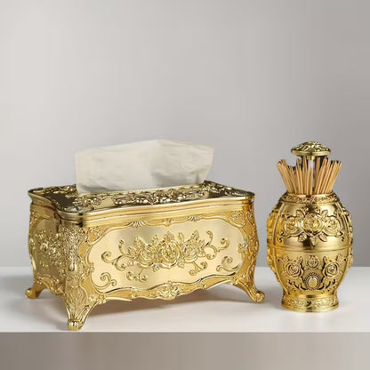 2pcs Elegant Golden Tissue Box & Toothpick Holder Set – Embossed Rose Design