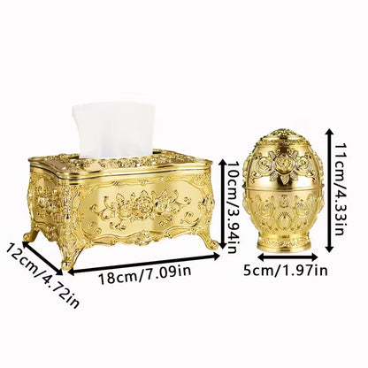 2pcs Elegant Golden Tissue Box & Toothpick Holder Set – Embossed Rose Design