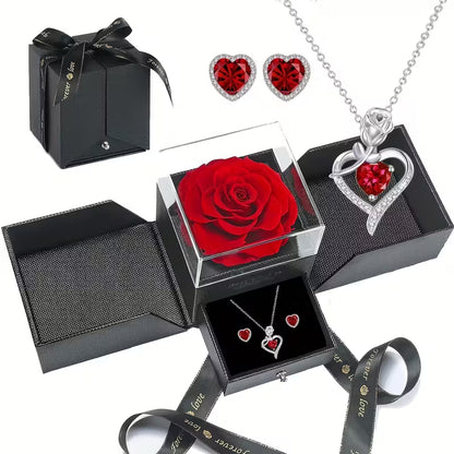 Elegant Rose Flower Gift Box Set – Heart Necklace & Earrings for Her