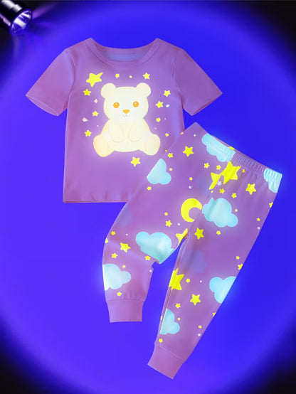 Girls Pink Bear & Moon Pajama Set – 2pcs Short Sleeve Top & Long Pants