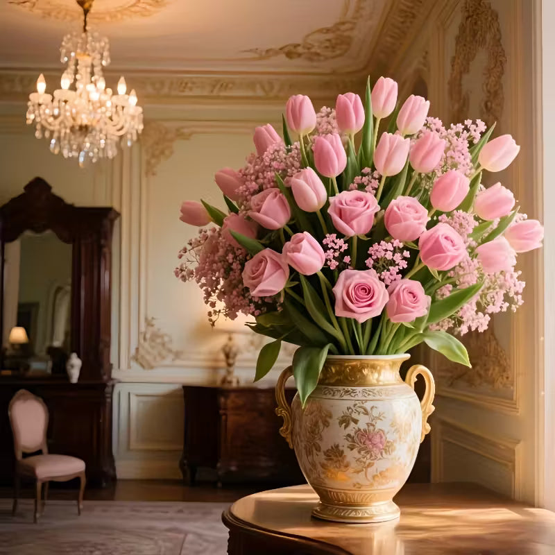 38pcs Artificial Rose, Tulip & Gypsophila Bouquet – Realistic Year-Round Floral Decor