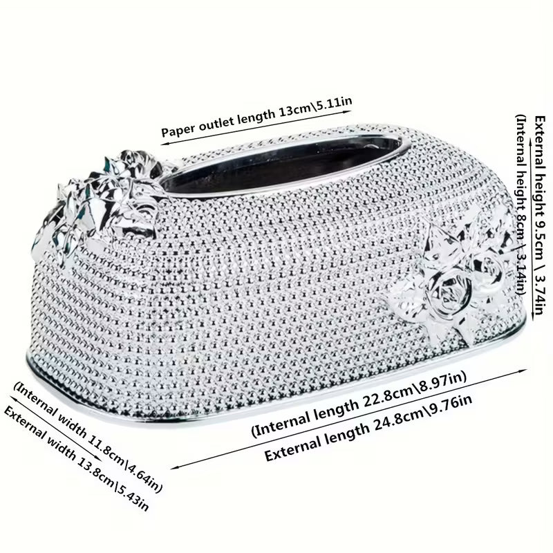 Elegant Floral Tissue Box Cover – Pink Rose Design with Crystal & Gold Accents