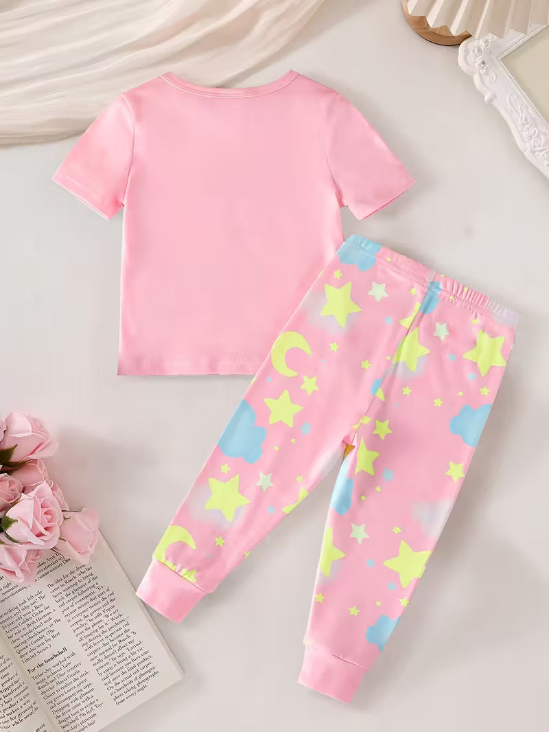 Girls Pink Bear & Moon Pajama Set – 2pcs Short Sleeve Top & Long Pants