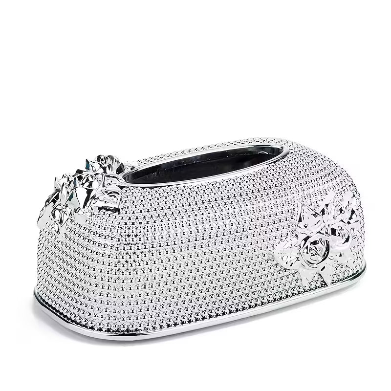 Elegant Floral Tissue Box Cover – Pink Rose Design with Crystal & Gold Accents