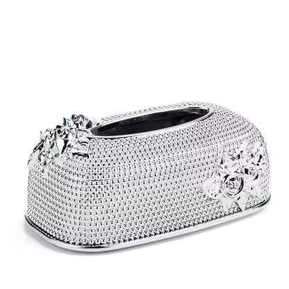 Elegant Floral Tissue Box Cover – Pink Rose Design with Crystal & Gold Accents