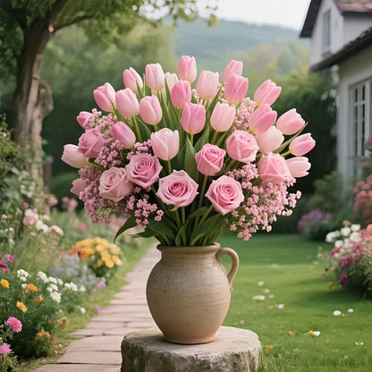 38pcs Artificial Rose, Tulip & Gypsophila Bouquet – Realistic Year-Round Floral Decor