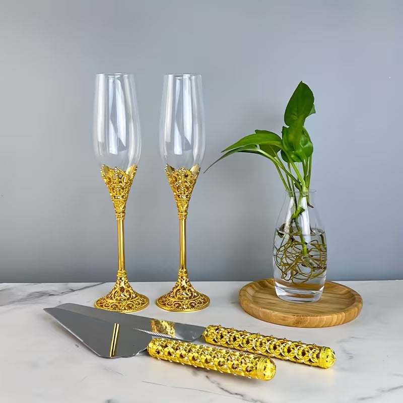 4pcs Elegant Champagne Flutes Set with Rhinestones – Reusable Wedding Glassware