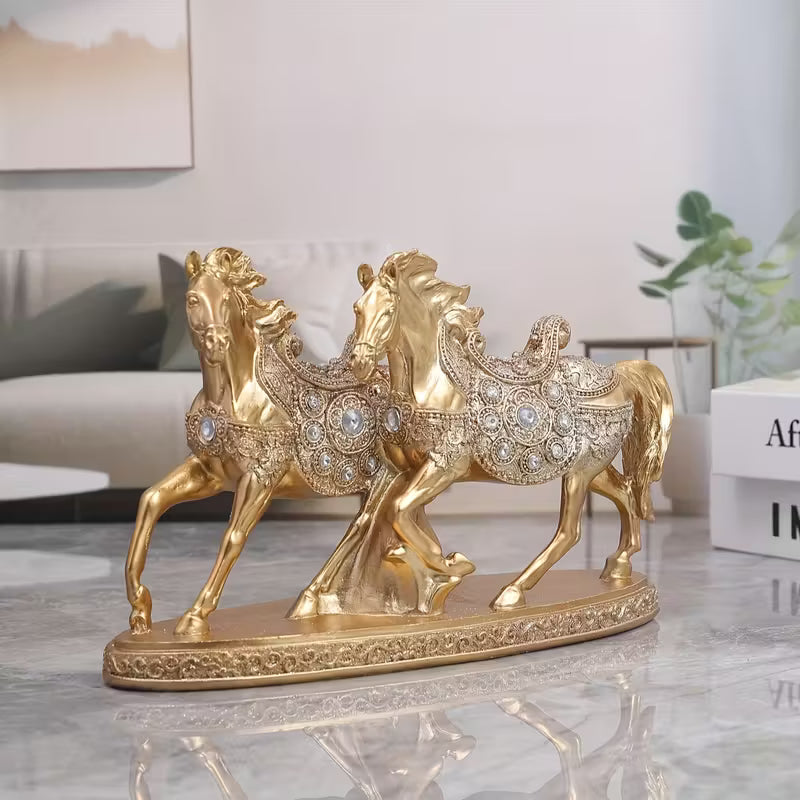 Luxury Golden Double Horse Statue – Crystal Resin Sculpture for Home & Office
