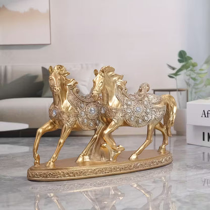 Luxury Golden Double Horse Statue – Crystal Resin Sculpture for Home & Office