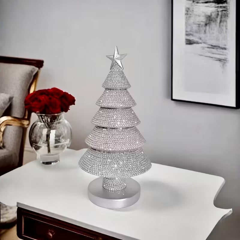 Silver Beaded Christmas Tree Statue – Festive Resin Tabletop Decor
