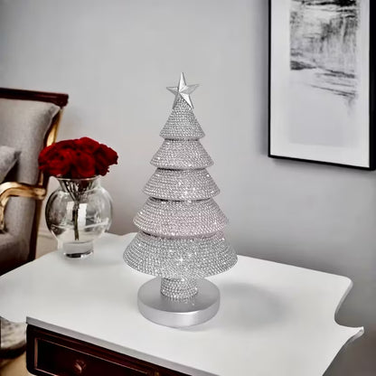 Silver Beaded Christmas Tree Statue – Festive Resin Tabletop Decor