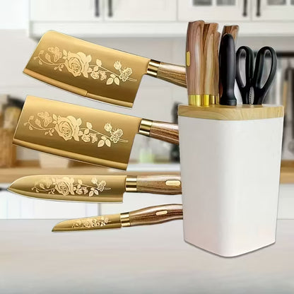 Golden Stainless Steel Kitchen Knife Set – Elegant Wood Handle & Premium Blades