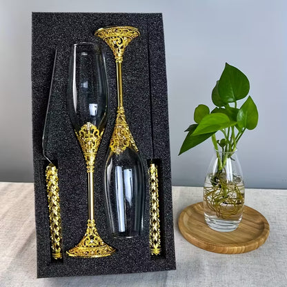 4pcs Elegant Champagne Flutes Set with Rhinestones – Reusable Wedding Glassware