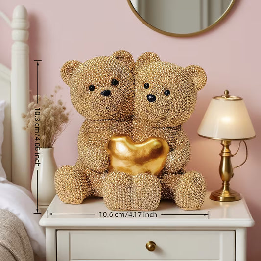 Golden Beaded Love Bear Couple Statue – Resin Home & Wedding Decor