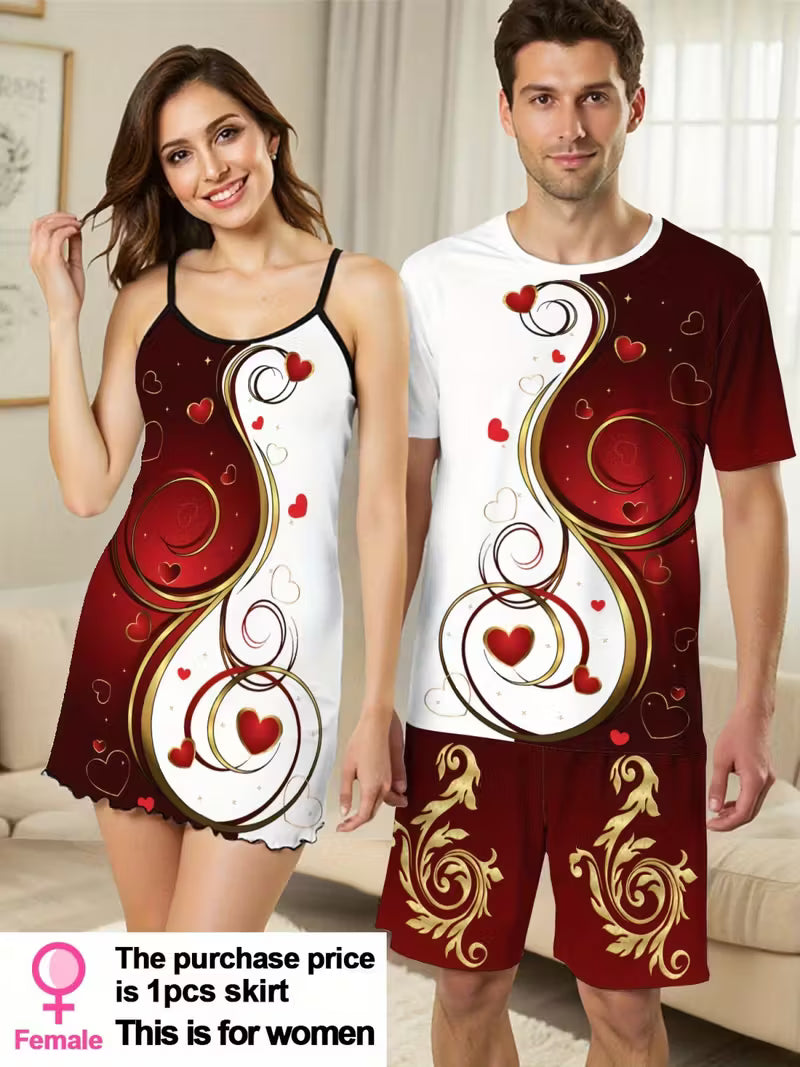 Couple Pajama Set – Men’s Shirt & Shorts + Women’s Camisole Nightdress, Soft & Breathable Fabric