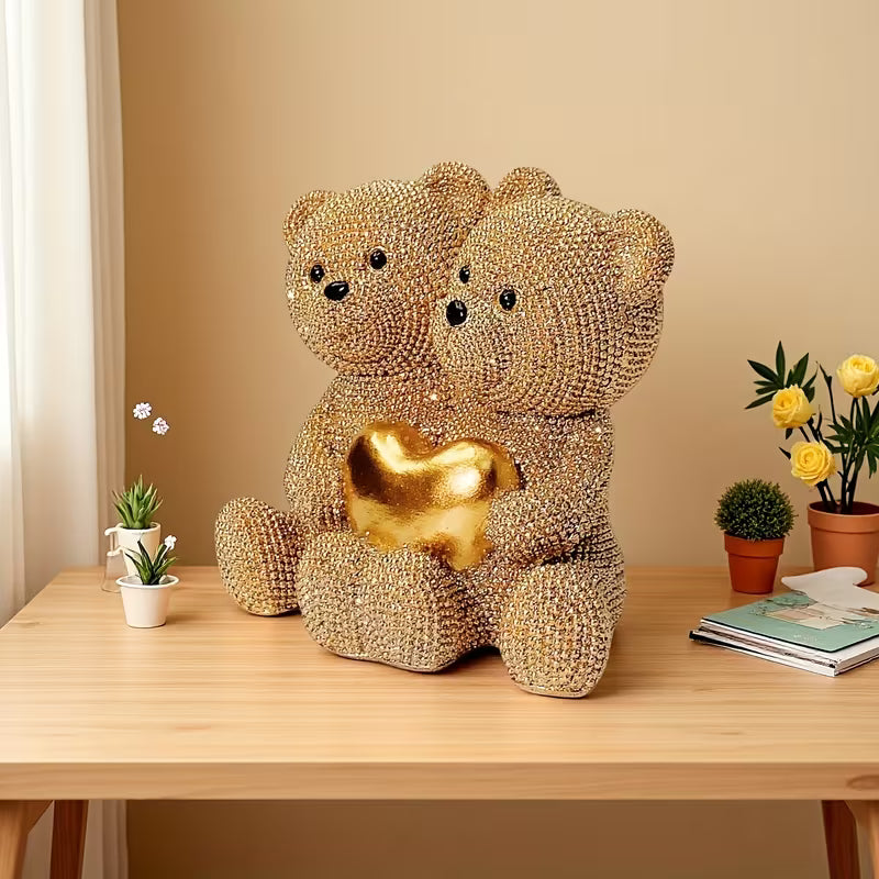 Golden Beaded Love Bear Couple Statue – Resin Home & Wedding Decor