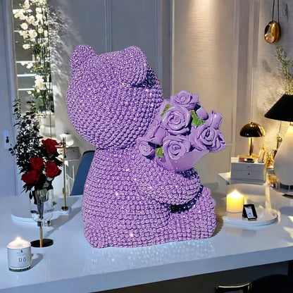Sparkling Purple Teddy Bear with Roses – Resin Gift for Couples & Special Occasions