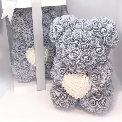 Artificial Rose Flower Bear – Pearl Heart Eternal Rose Gift (No Box)