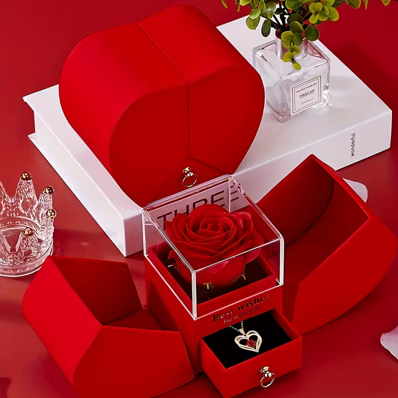 Elegant Red Rose & Heart Pendant Necklace with Gift Box – Romantic Jewelry Gift