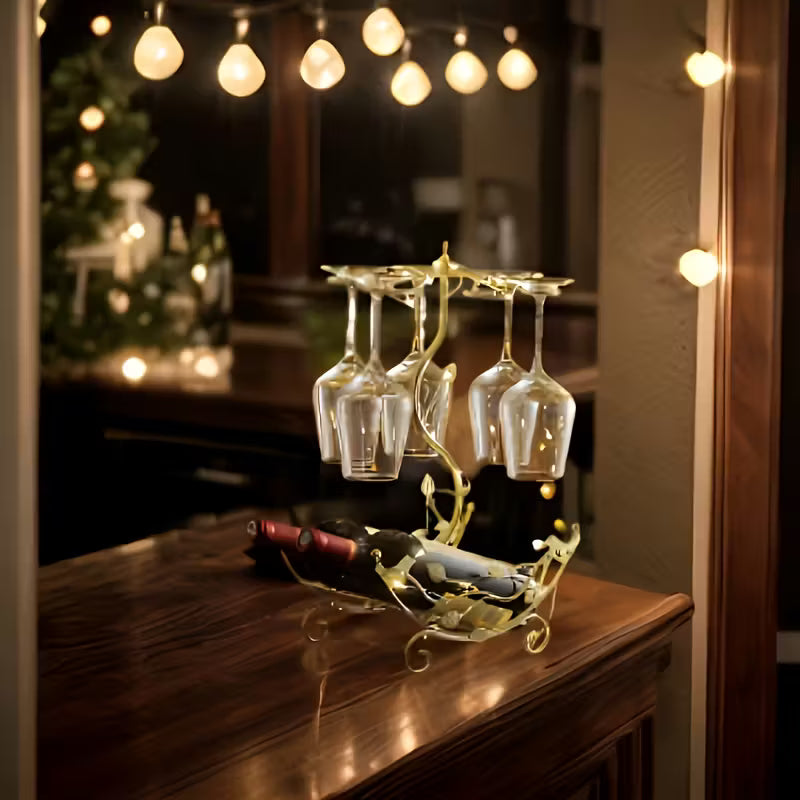 Golden Wine Rack with Glass Holder – Holds 2 Bottles & 6 Glasses