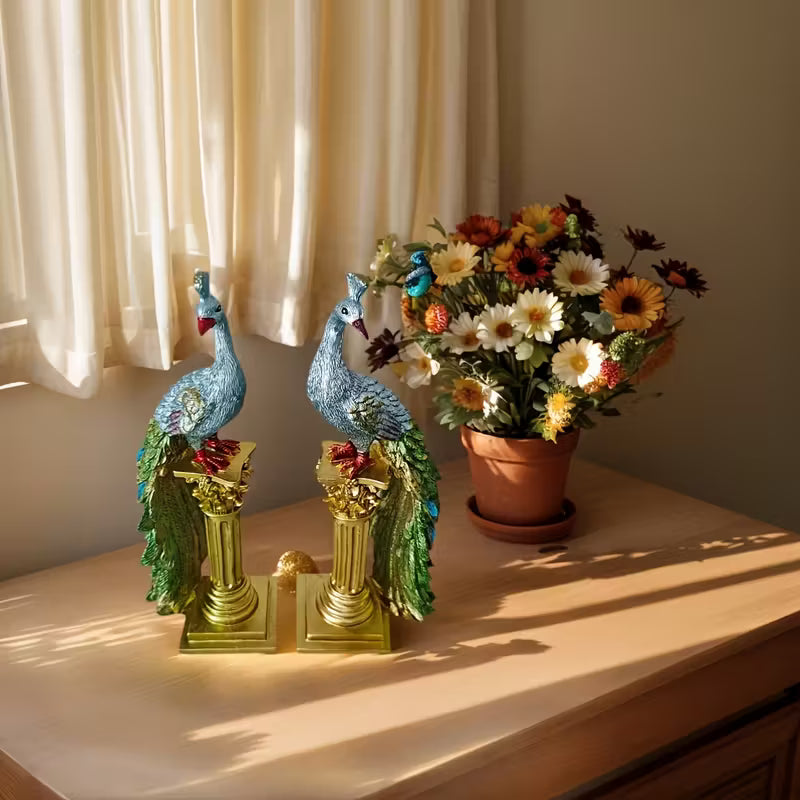 Pair of Elegant Resin Peacock Figurines with Gold Accents – Indoor & Outdoor Decor