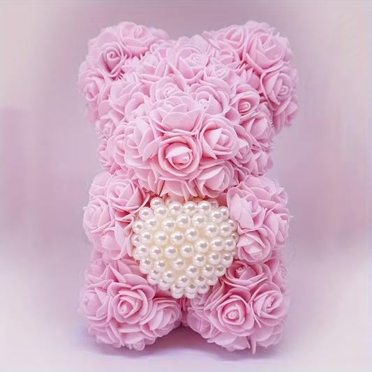 Artificial Rose Flower Bear – Pearl Heart Eternal Rose Gift (No Box)