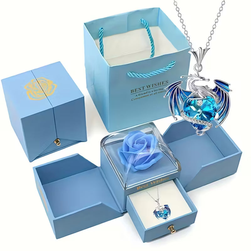 Elegant Dragon Pendant Necklace with Blue Rose Gift Box – Stylish Alloy Jewelry for Her