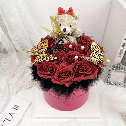 Artificial Rose in Cake-Shaped Vase with Butterfly Accent – Elegant Faux Flower Centerpiece