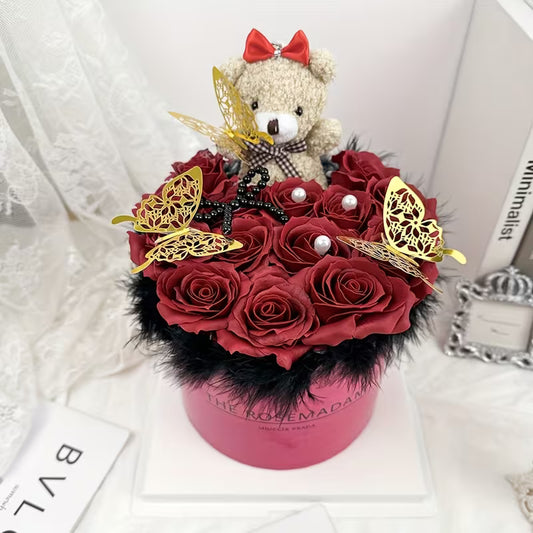 Artificial Rose in Cake-Shaped Vase with Butterfly Accent – Elegant Faux Flower Centerpiece