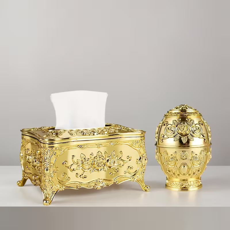 2pcs Elegant Golden Tissue Box & Toothpick Holder Set – Embossed Rose Design
