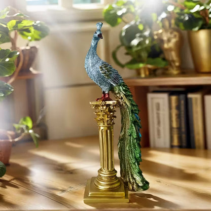 Pair of Elegant Resin Peacock Figurines with Gold Accents – Indoor & Outdoor Decor