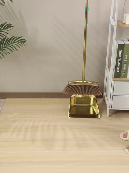 Golden Stainless Steel Broom & Dustpan Set – Upright Design with Hair Removal Feature