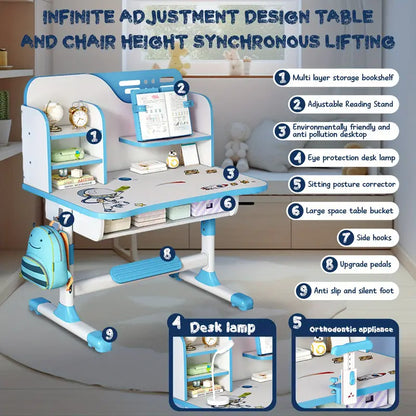 Adjustable Kids Study Desk & Chair Set – Blue Astronaut Theme