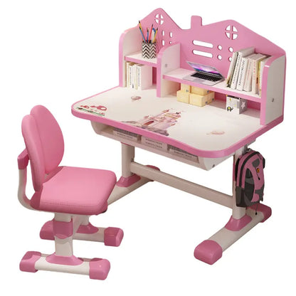 Kids Study Desk & Chair Set – Adjustable Height with Bookshelves & Cartoon Design