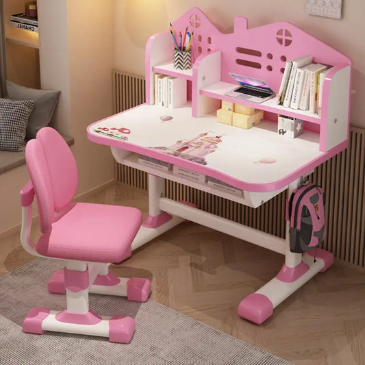 Kids Study Desk & Chair Set – Adjustable Height with Bookshelves & Cartoon Design