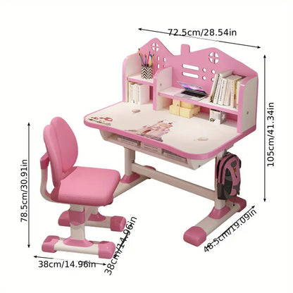 Kids Study Desk & Chair Set – Adjustable Height with Bookshelves & Cartoon Design